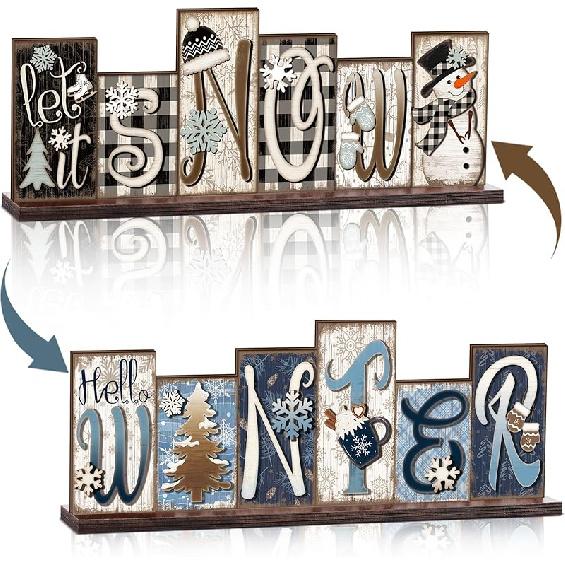 Amyhill Winter Table Decoration Merry Winter Tiered Tray Decor Reversible Centerpiece Decorative Snowman Snowflake Santa Claus Gingerbread Block