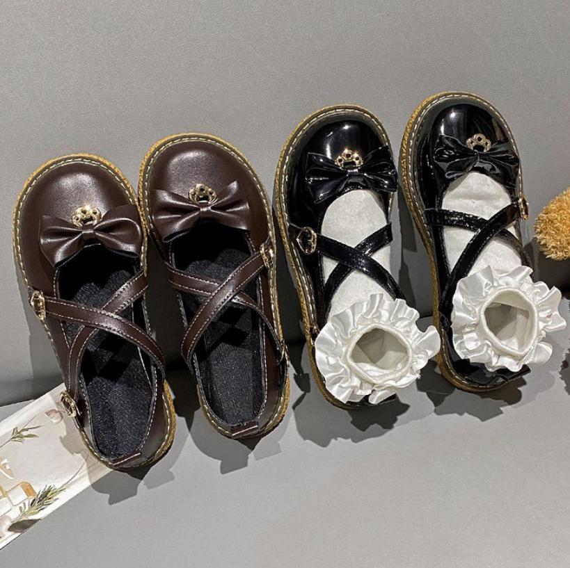 2025 Spring Autumn High Quality Women Lolita Shoes Fashion Round Toe Medium Heel Bow Knot One-Word Buckle Ladies Mary Jane Shoes