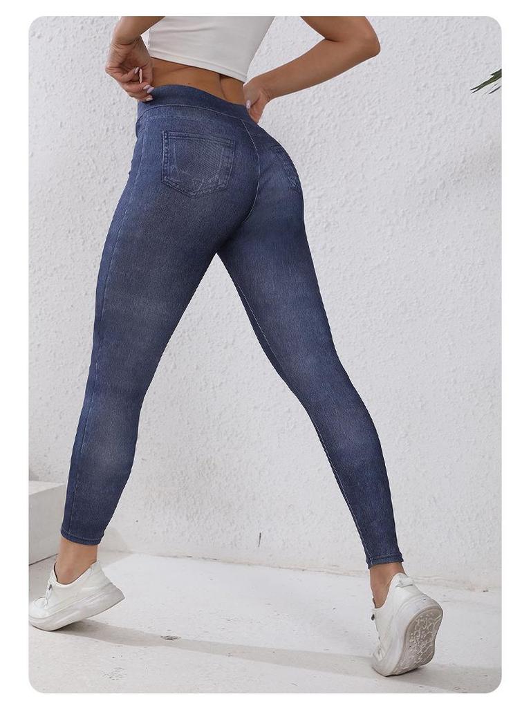 European-Style Faux Denim Yoga Pants: Slimming, High-Waist, Tummy Control, Leg-Lifting, Hip-Enhancing with Pockets.