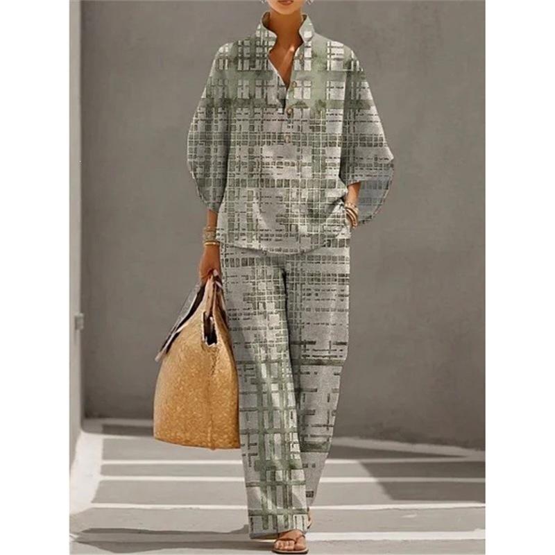 1116 New Women's Printed Two-piece Set Lazy Wind Loose Wide Leg Pants Set European and American Versatile Women