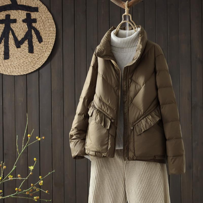 Down jacket women's short model New Year's fashion lace stand-up collar loose small white duck down jacket trendy