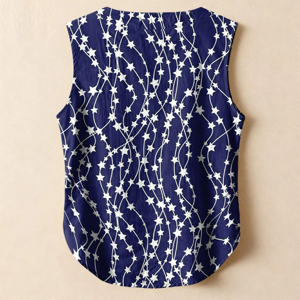 Women's Casual, Loose-Fitting, Printed, Sleeveless Linen Blouse