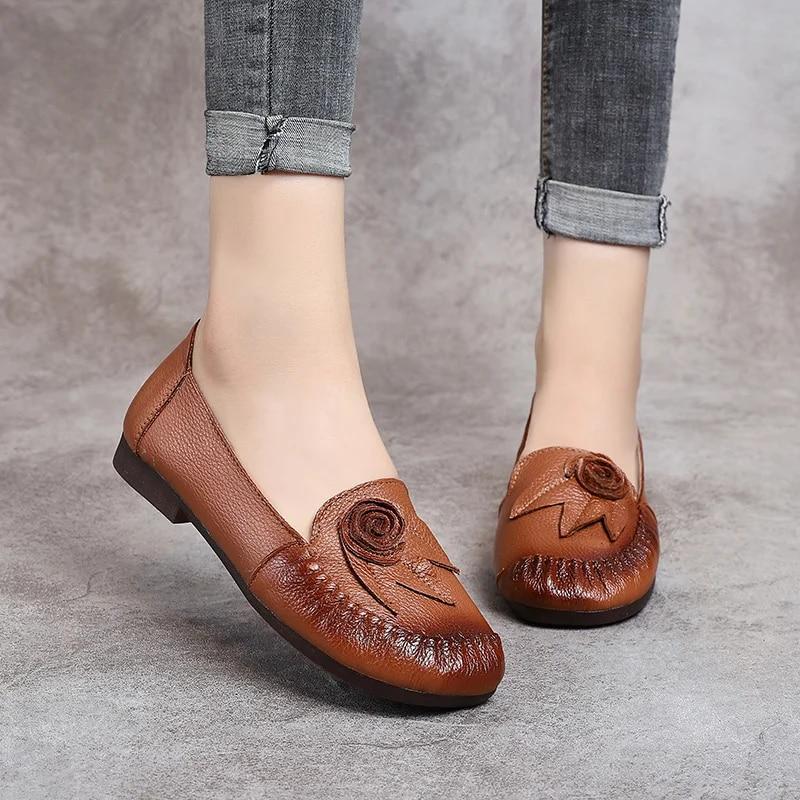 Spring Summer Ethnic Style Genuine Leather Shoes Women&Amp;#39;S Flat Soft Comfortable Slip On Loafers Flower Mother Shoe