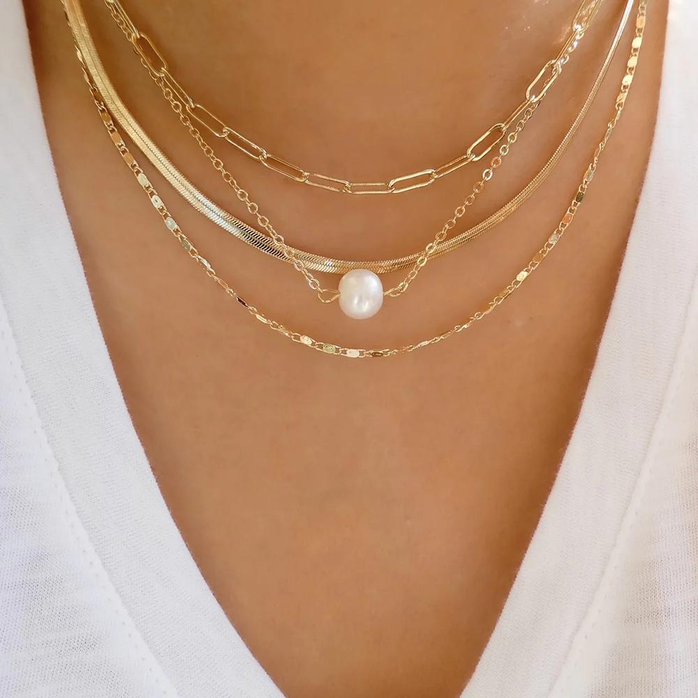 

Fashion Vintage Color Bead Artificial Pearl Flower Snake Chain Necklace For Women Female Multilevel Boho Baroque Choker Zircon