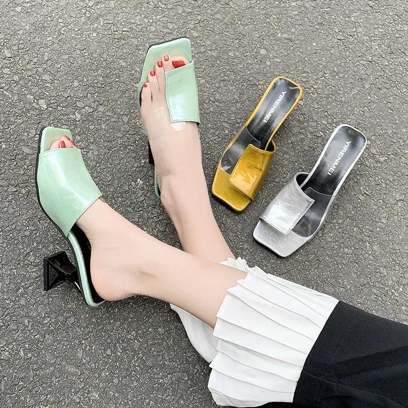 Fashion High Heel Slippers Women's Summer New Korean Edition Casual Outwear Fashion One Word Cool Slippers Zapatos De Mujer Plus Size 40