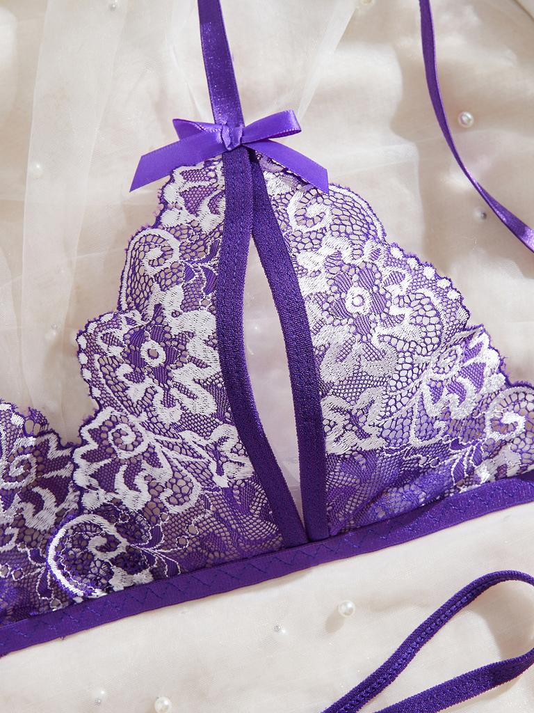 Purple Lace Lingerie Set Women  Open Crotch Transparent Sexy Bra And Thongs Sets Sex Temptation Erotic Couples Date Underwear