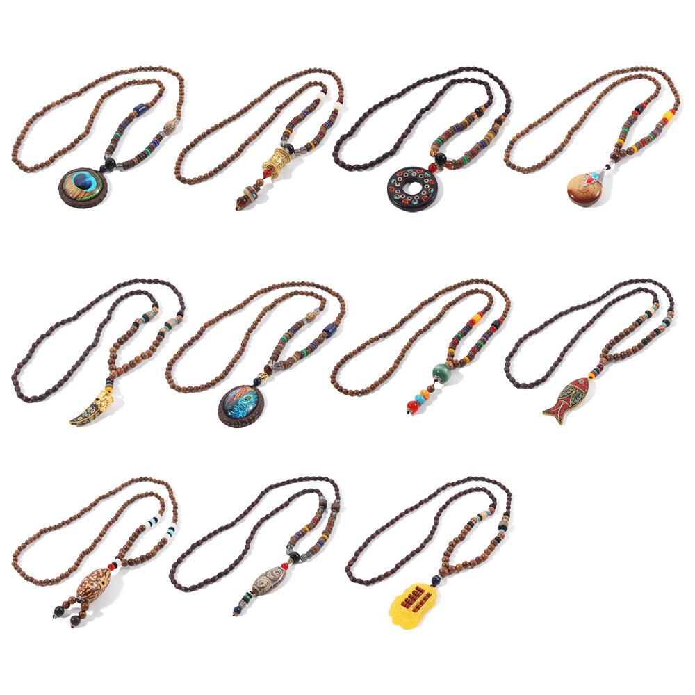 Ethnic Women Jewelry Horn Mala Nepal Long Necklace Wood Beads Necklace Pendant