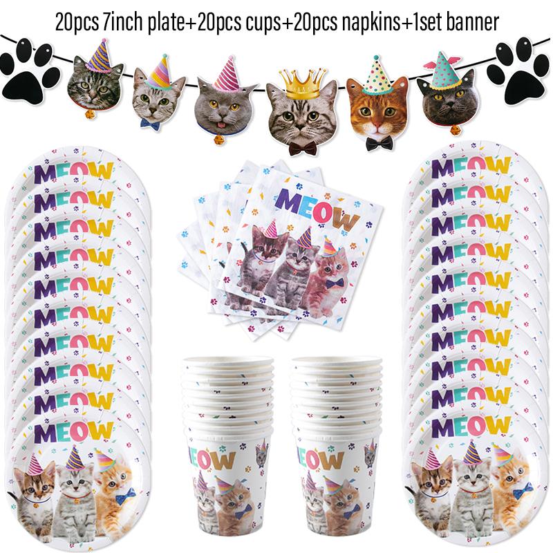 Decorațiuni pentru petrecere de ziua de naștere cu tematică de pisică, banner pentru petrecere de pisică, față de masă, farfurie, cană, cadouri pentru petrecere de ziua de naștere cu pisică, decor pentru petrecere de ziua de naștere pentru copii