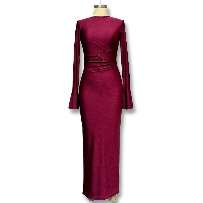

Fashion Style Pure Color round Neck Right-Angle Shoulder Bell Sleeve Ruched Silm Sheath Women s Dress Temperament Long Sleeve Dress Reddish Brown S