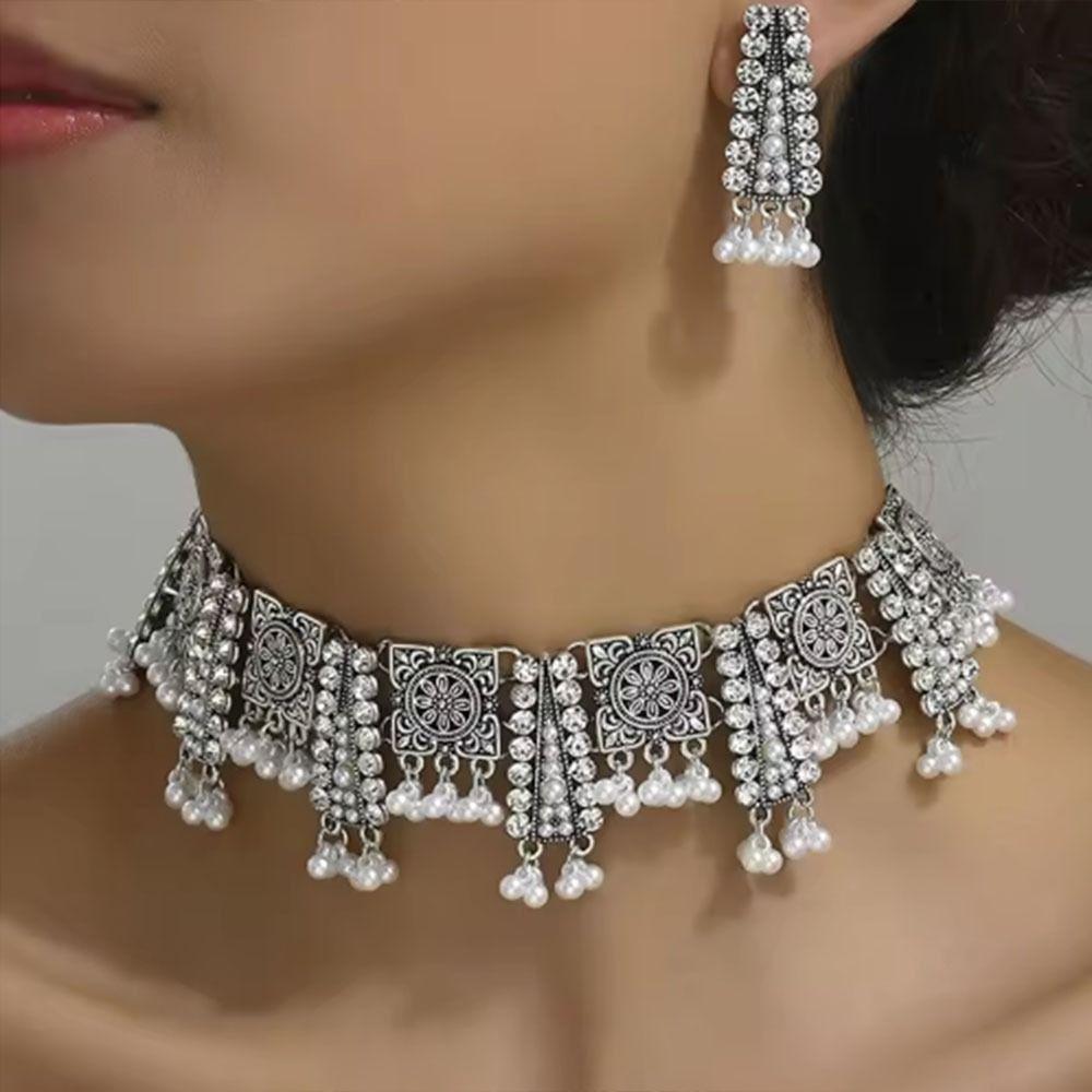 Ethnic Style Necklace Earrings Set Rhinestone Inlaid Women Jewelry Set  Women