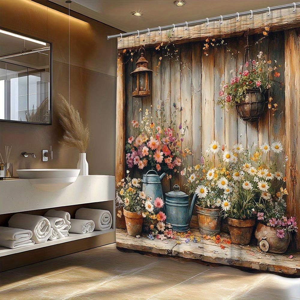 Rustikales Holzregal Duschvorhang - Vintage Blaue Teekanne & Blumen, Gelassenes Design, Maschinenwaschbarer Polyester, 12 Haken