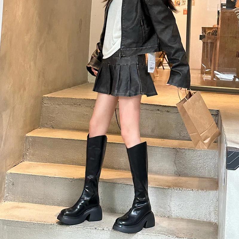 Winter Soft Leather Women Knee High Boots Fashion Knight Long Booties Designer Platform Square Heels Botas De Mujer
