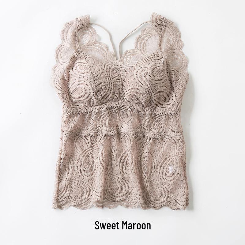 Stylish Full Lace V-Neck Backless Bra-Free Sling with Thick Padded Chest Wrap
