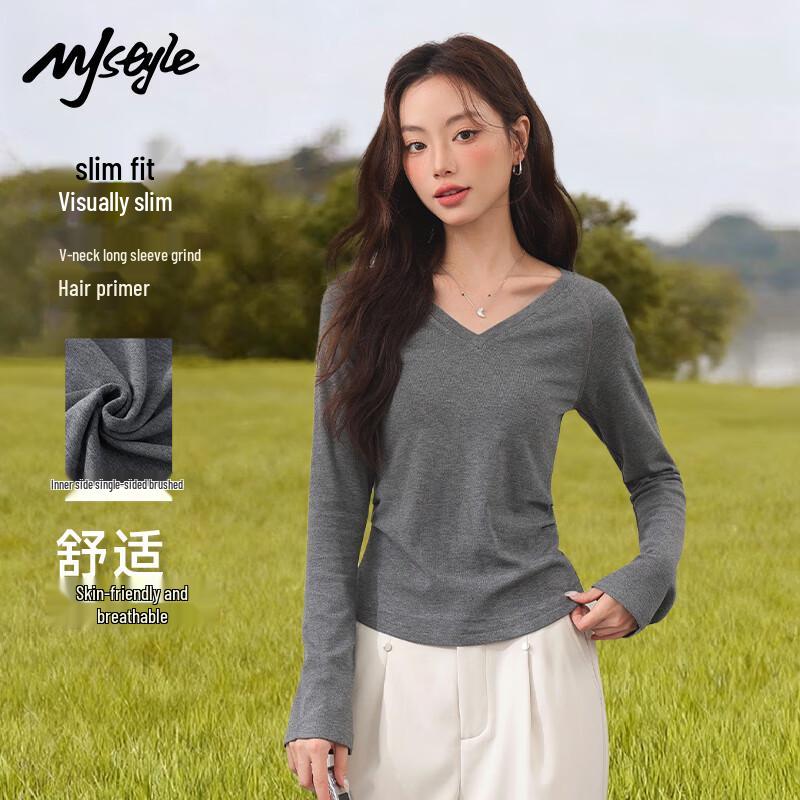 MJ STYLE Women s Slim-Fit V-Neck Brushed Long Sleeve Top XL