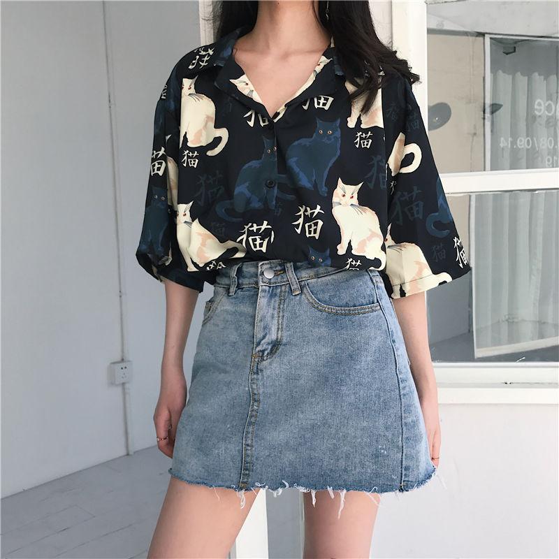 Buy Blouses Women Vintage Cat Printed 
