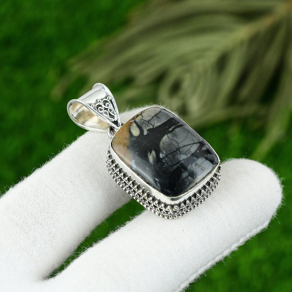 Sterling Silver Radiant Picasso Jasper Stone Daughter Vintage Engagement Pendant