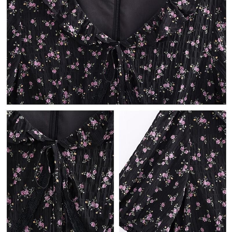 French Romantic Floral V-Neck A-Line Midi Dress