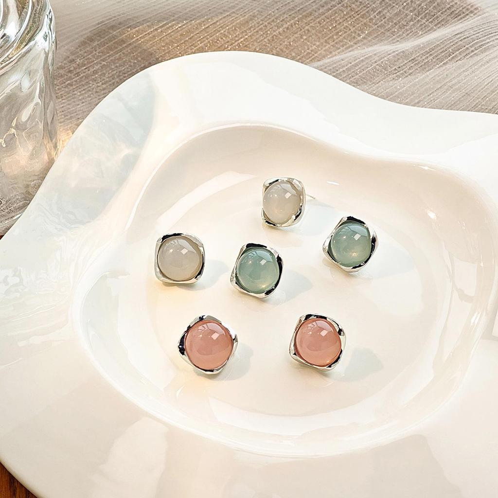 Silver Needle Korean Style High-End Jelly Color Geometric Earrings – Sweet, Fresh, Versatile Square & Round Stud Design