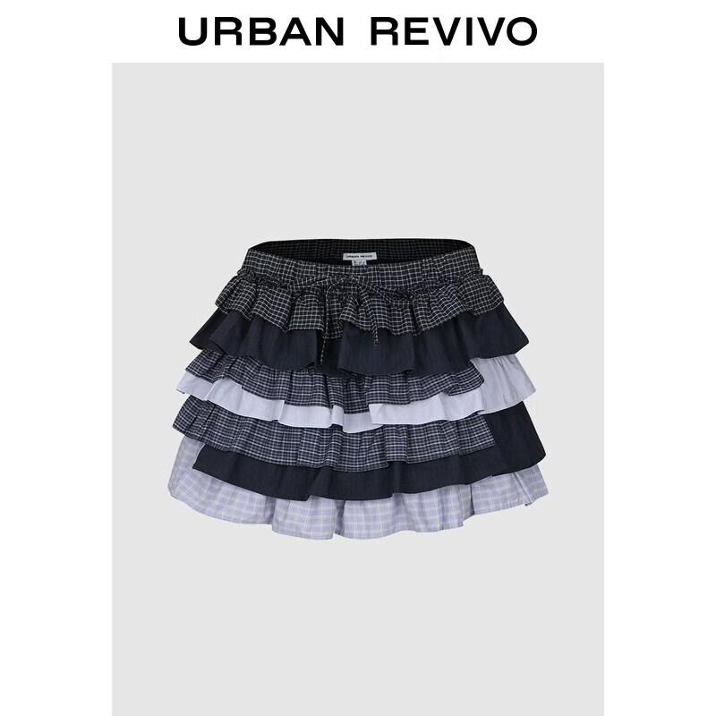 

UR2026 Women s Color-Block Plaid Tiered Mini Skirt L