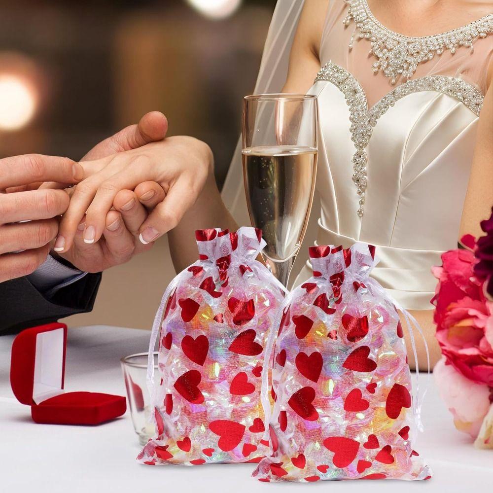 20pcs Love Heart Valentine's Day Gift Bag Organza Bronzing Gift Bag Mesh Candy Pouches  Wedding