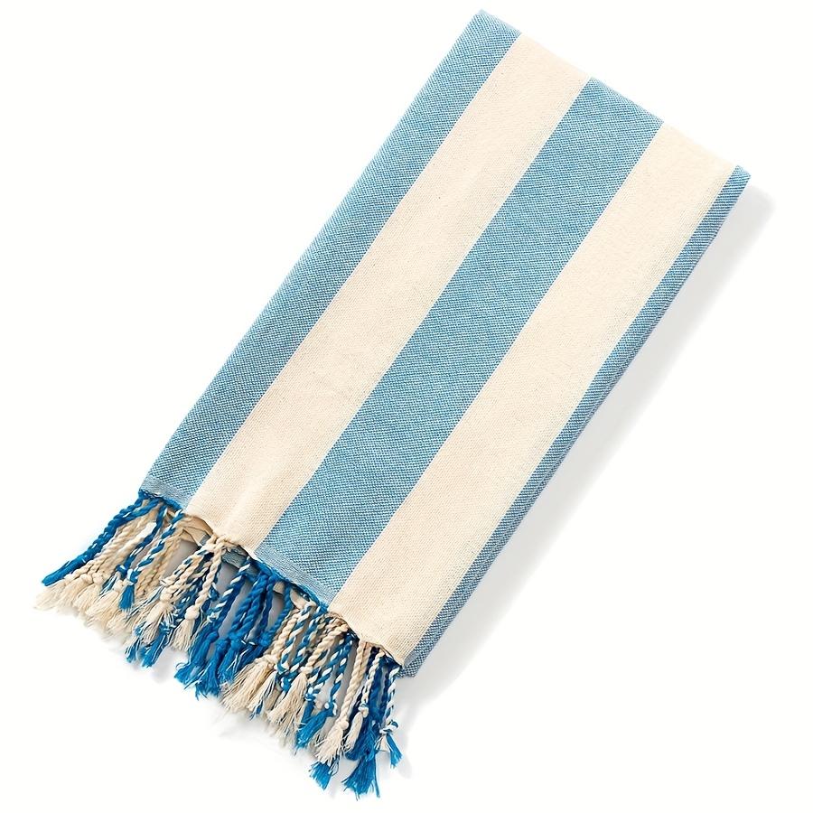 

2pcs Luxury Cotton Beach Towels Ultra Compact, Quick Dry, Thin, Light Blue Beige Striped Swim Towels with Fringe Detail, for Travel,Hot Tub,Pool Use синій