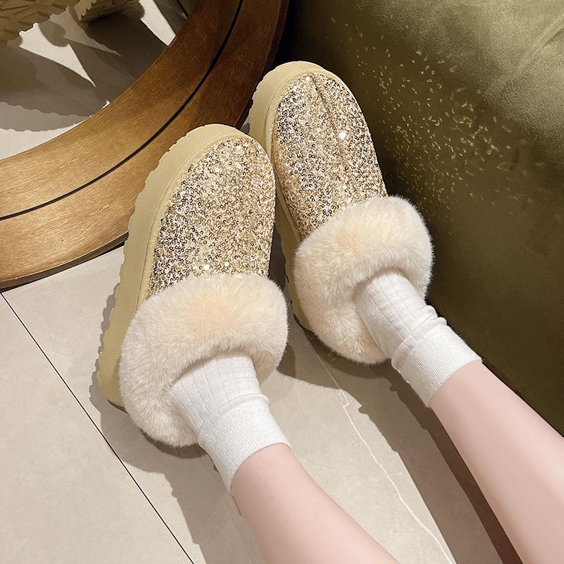 Fashion Winter New Round Toe Deep Mouth Sequin Wool Warm Non-Slip Wear-Resistant Flat Slippers