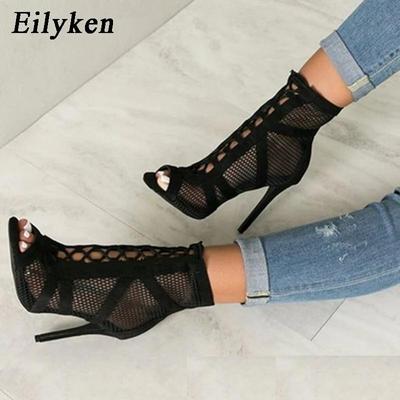 Designer Shoes Fashion Heel Summer Women Lace Up Cross-tied Peep Toe High Heel Ankle Strap Net Surface Hollow Out Sandals