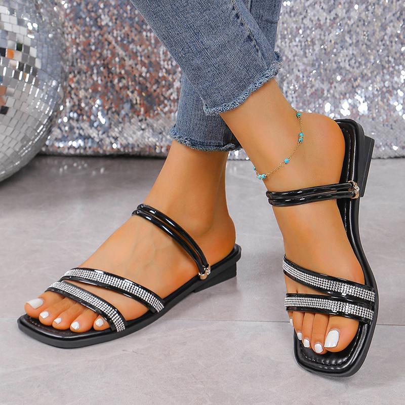 Fashion Women Summer Rhinestone Flat Sandals 2024 New Fashion Gold Square Toe Casual Slippers Woman Outdoor Non Slip Beach Slides Shoes