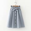 Women Elegant High Waist Midi Skirt Spring and Summer Casual Single-Breasted Solid Black White Bowknot Belt Office A-Line Skirt