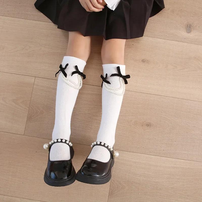 Elegant Princess Kids Girl Knee High Sock Simplicity Black White Color Pearl Bow Calf Children Sock Soft Cotton School Pile Sock