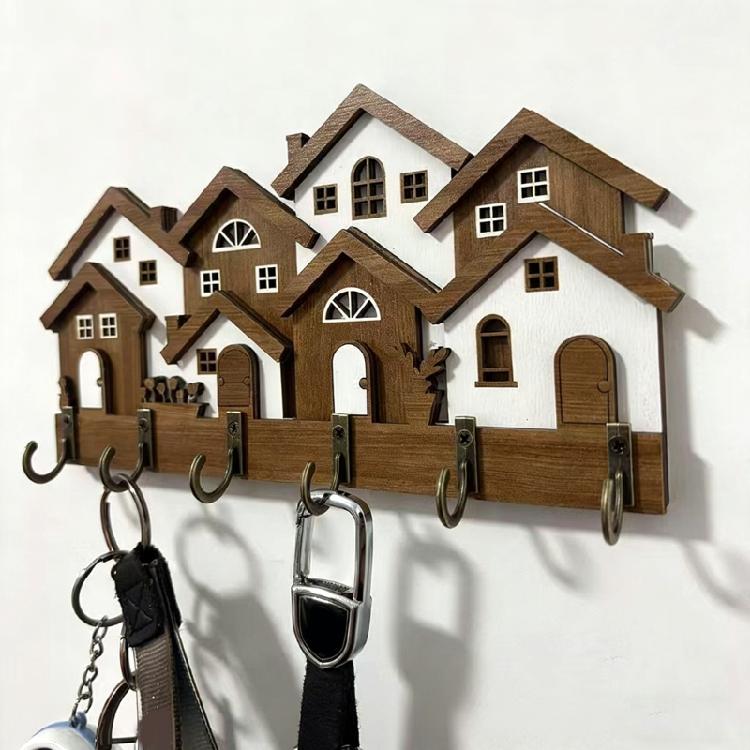 Elegant Decorative Wood 3D House Key Holder Wooden Hanger Wall Mounted Organizer For Home And Offices