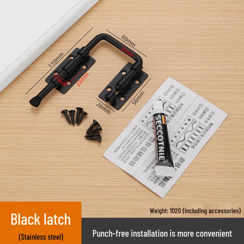 90-Degree No-Drill Anti-Theft Door Lock, Thickened Stainless Steel Latch with Fixing Buckle