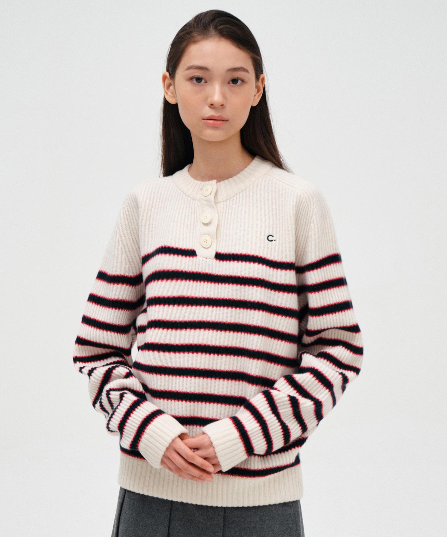 Clove [23Fw Clove] Henry Neck Stripe Knit (Ivory) Free/Free