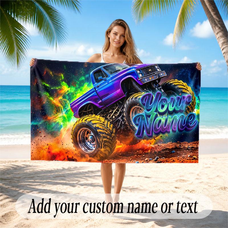 Truck Theme Beach Towel Personalized Custom Name & Text Soft Quick Dry Beach Towel for Swimming Travel