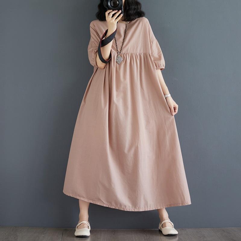 

Johnature Летнее платье Женское морское отпускное свободное платье Повседневное простое О-образное платье с коротким рукавом Свободное женское платье XXL розовый