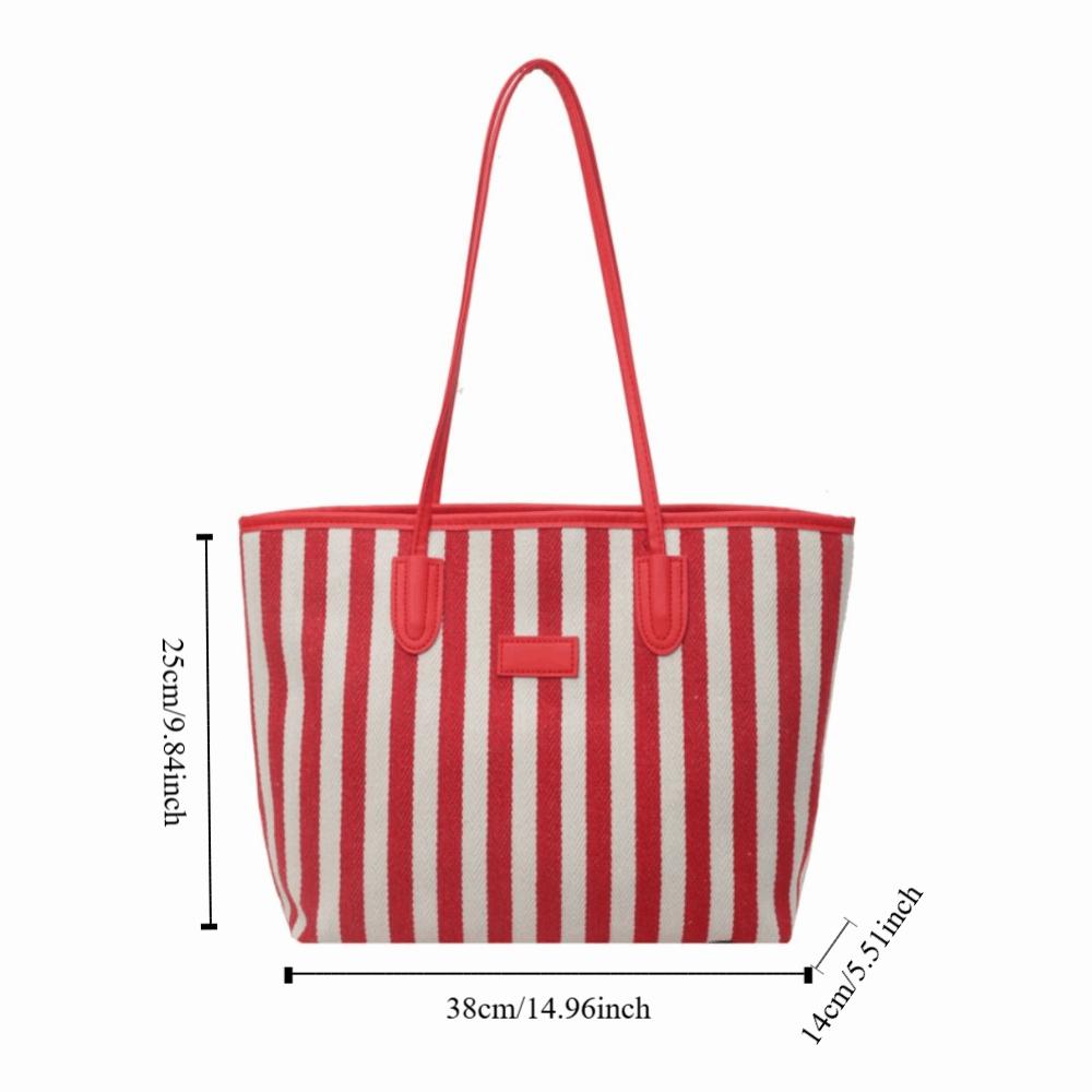Large Capacity Shoulder Bag Zipper Shopping Handbag Simple Stripe Canvas Tote Bag  Girls