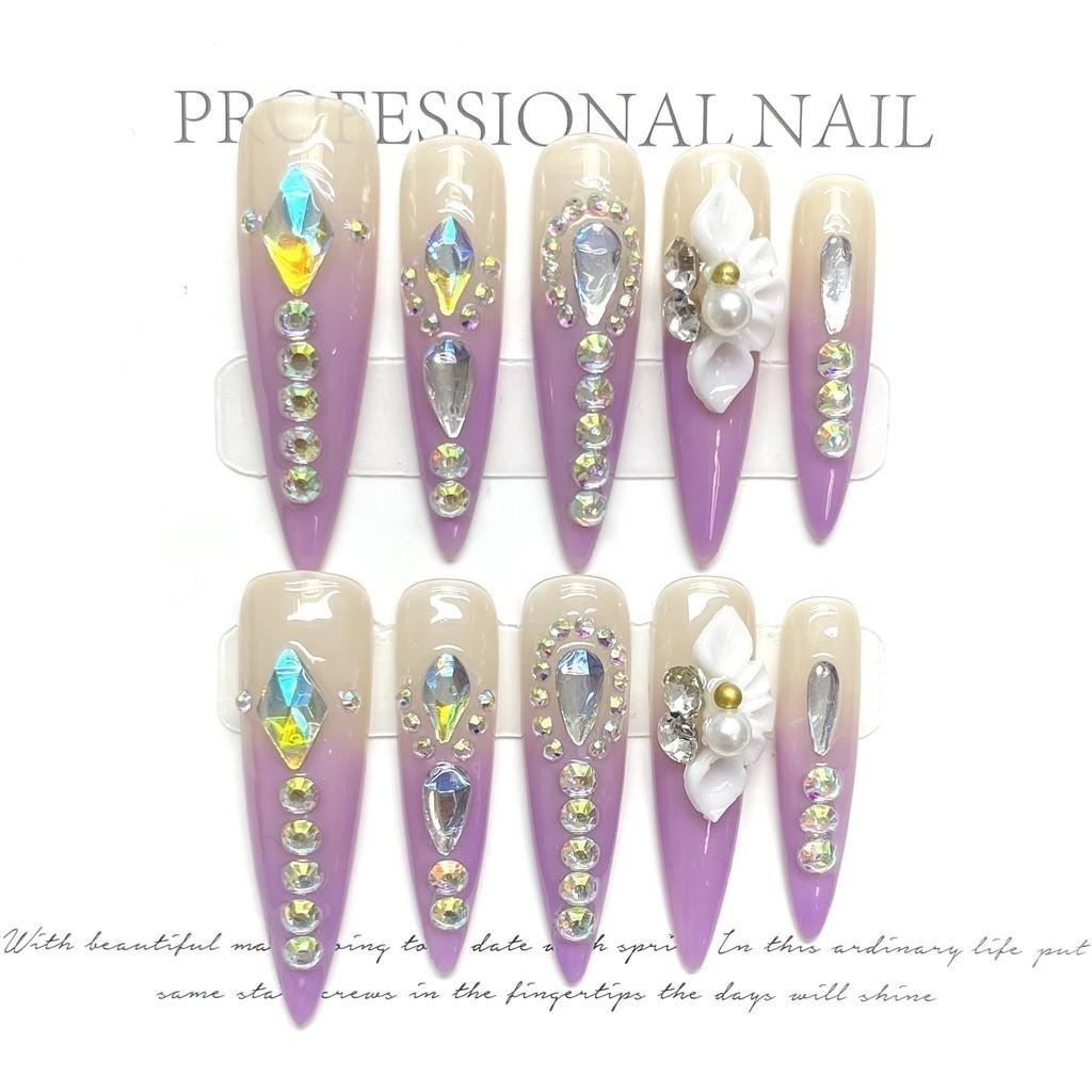 100% HANDMADE Press On Artificial Nail Full Diamond Flower Water Drop Long Point Shape Phototherapy Nails Fake Nails Reusable with Toolkit
