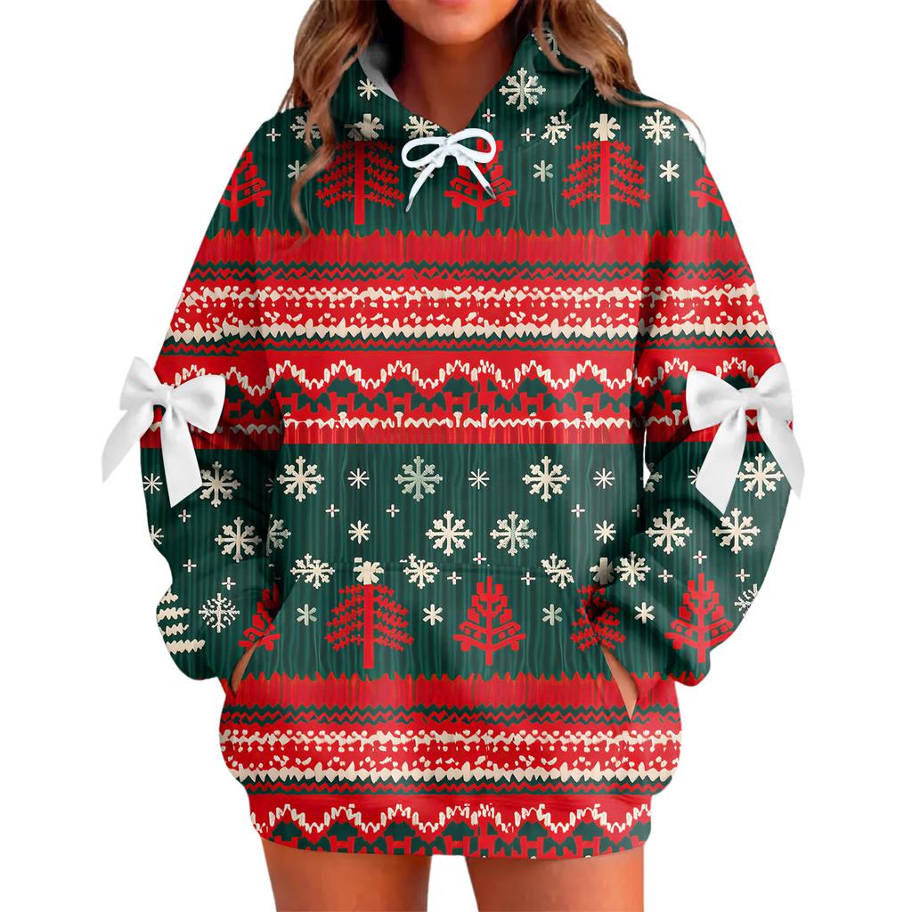Ladies' Christmas Printed Bow Long Sleeved Loose Fitting Headband With Rope Hooded Sweatshirt Top