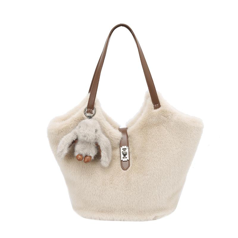 

Winter New Fluffy Texture Simple Shoulder Bag Fashi Simple Solid Color Commuting Bucket Bag Women Casual Versatile Handle Bag