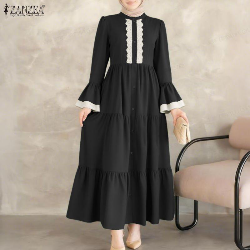 ZANZEA Damen Elegantes Spitze Patchwork Lässiges Stehkragen Ausgestelltes Langes Ärmel Lockeres Kleid