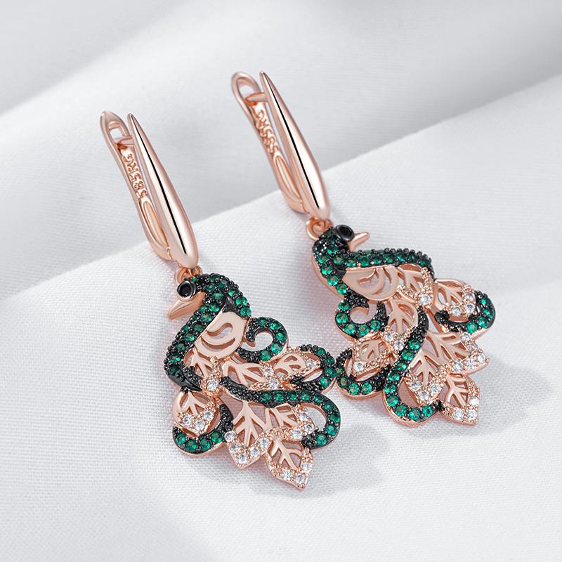 Green Natural Zircon Peacock Drop Earrings For Women  Rose Gold And Black Plating Vintage Animal Daily Punk Jewelry