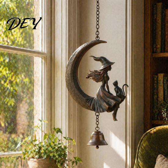 Indoor Outdoor Decorative Bells Witch Moon Wind Chime, Gothic Crescent with Black Cat Hanging Bell, Mystical Bell for Porch Garden Decor Patio Balcony