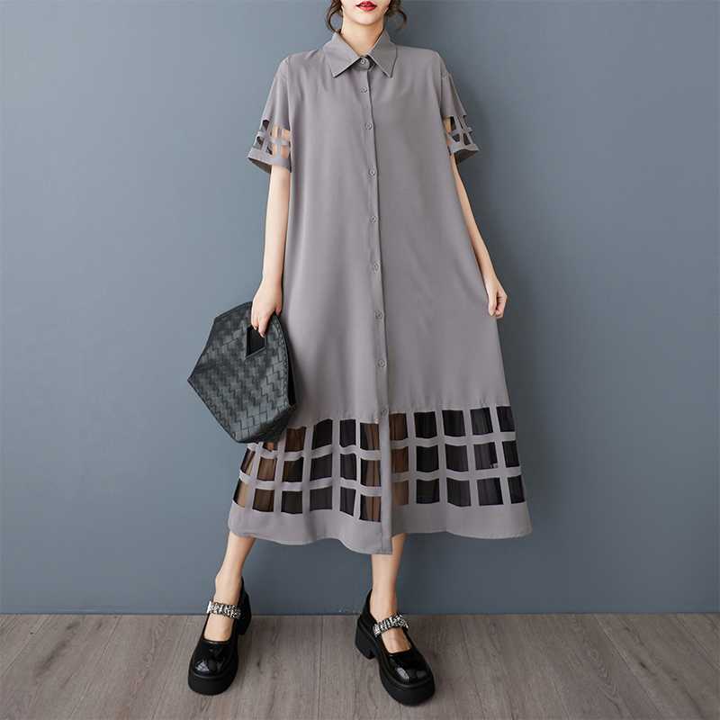 Spring and Summer New Loose Large Size Mesh Splicing Casual Simple Sweet Short-sleeved Shirt Dress