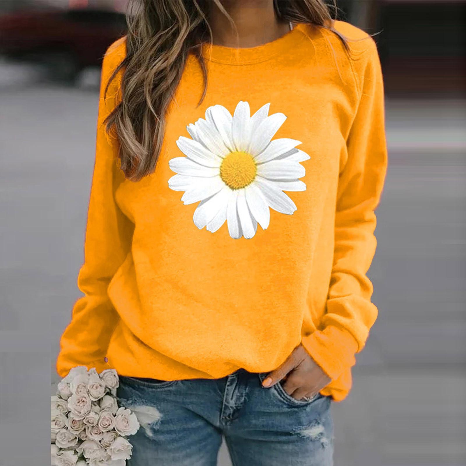 

Зимние женские повседневные топы женские принт ромашки толстовка блузка футболка свитер XXL жёлтый
