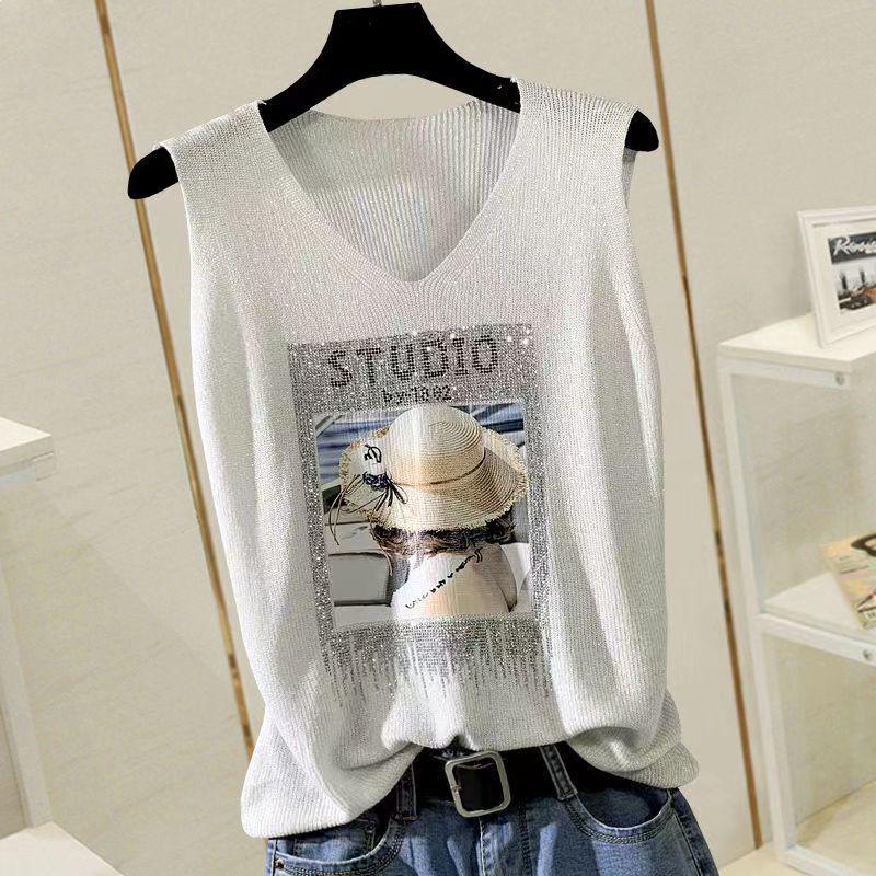 2023 Shiny Silk Sleeveless V-Neck Women's Vest - Spring/Summer New Style, Loose Fit with Hot Diamond Sling Knitted Design