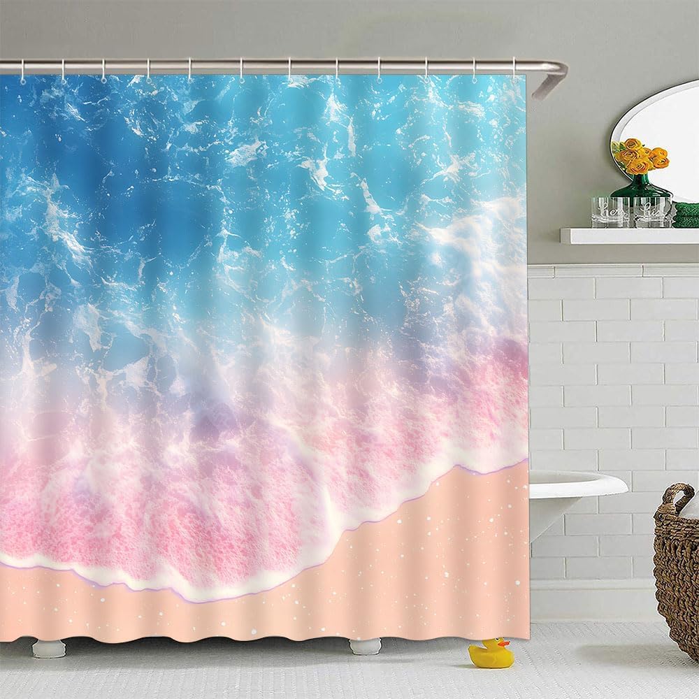 Pink Beach Ocean Shower Curtain Coastal Nautical Summer Tropical Blue Hawaii Seaside Sea Scene Waves Seacoast Hawaii Beachy