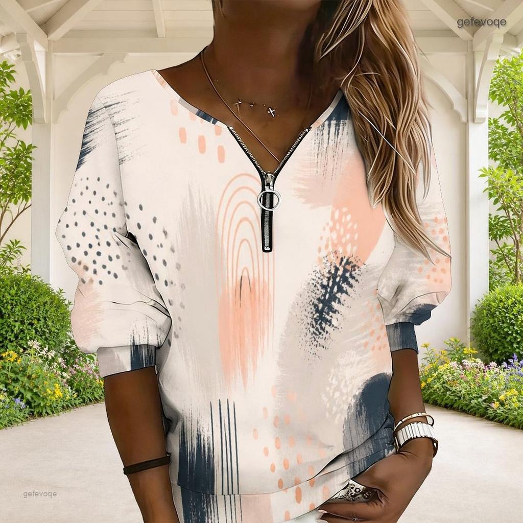 Women Plus Size V Neck Front Zip Blue Beige Watercolor Printed Long Sleeve Sweatshirt