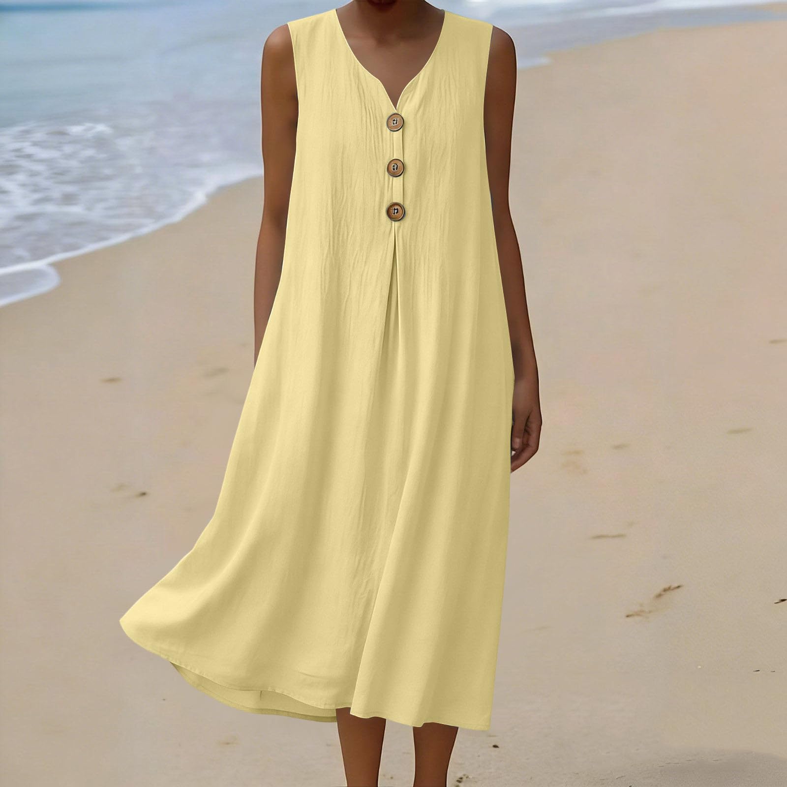 

Women s Summer Fashion V-neck Button Sleeveless Casual Loose Vacation Seaside Dress XL жовтий