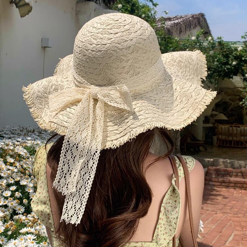 Sun Hat Summer New Seaside Sun Hat Sun Protection Folding Travel Big Brim Straw Hat Women's Beach