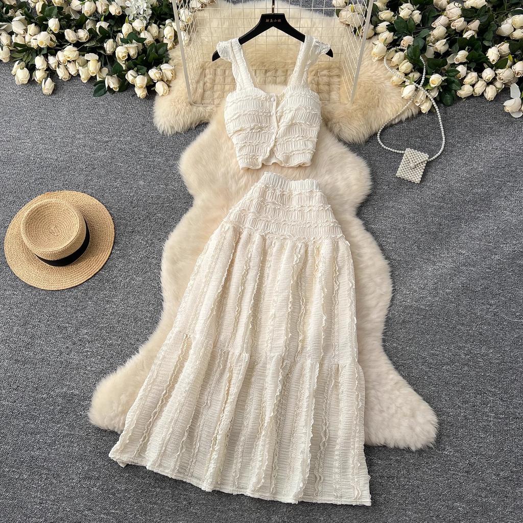 Summer Lace Patchwork Beach Two Pieces Sets Women Sexy Camisole+A Line Long Skirt Fashion Elastic Bohemian Suits